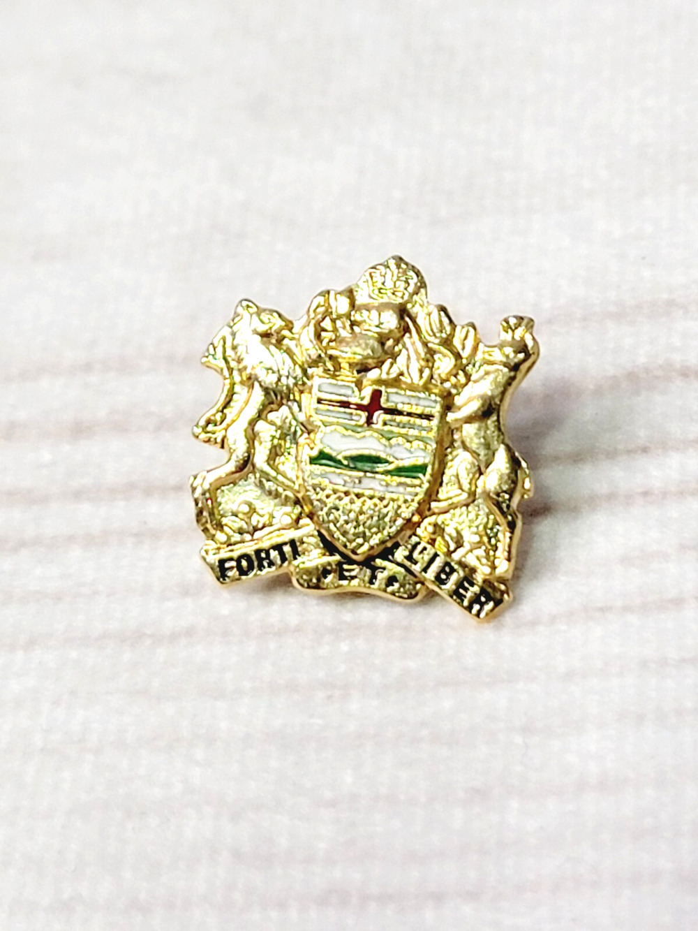 Vintage Alberta Coat Of Arms Fortis Et Liber Gold Lapel Pin